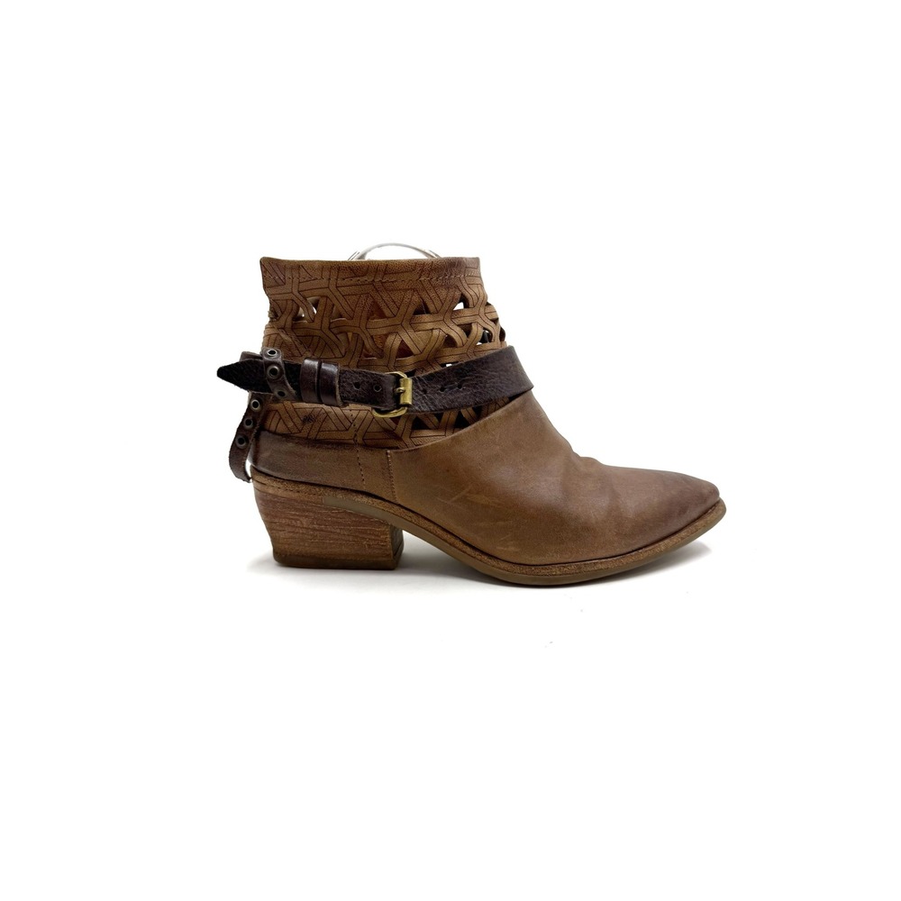 AS98 | Brown Leather Laser Cut Woven Buckle Ankle Boots Boho Moto Size 39